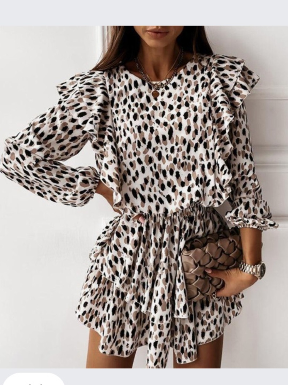 Ruffle Sleeve Leopard Print Mini Dress - Beige